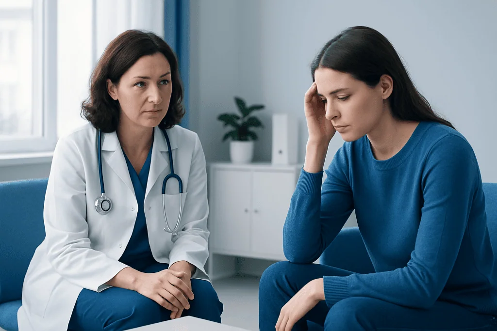 Doctor consulting with a young woman patient in a medical office.