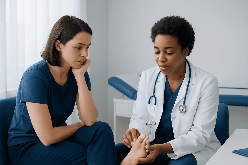 Doctor examining patient's foot in a medical consultation room.
