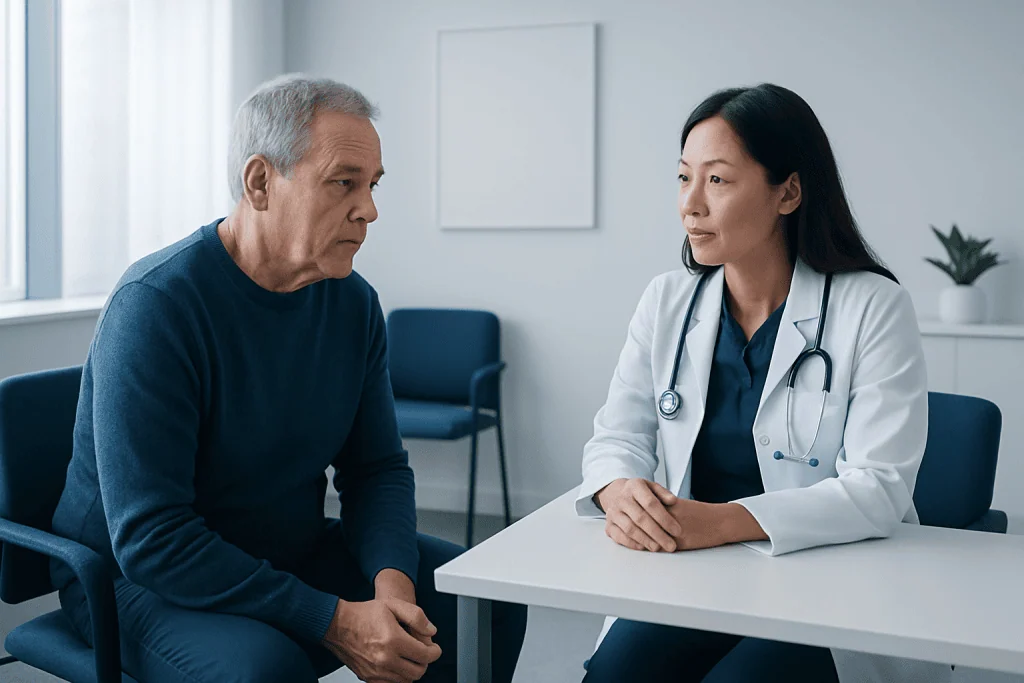 Doctor consulting with an elderly male patient in a medical office.