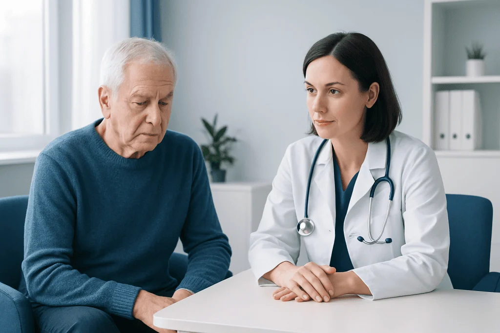 Doctor consulting with elderly patient about vascular dementia symptoms.