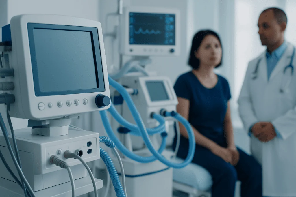 Medical monitoring equipment in a hospital room with a patient and doctor.
