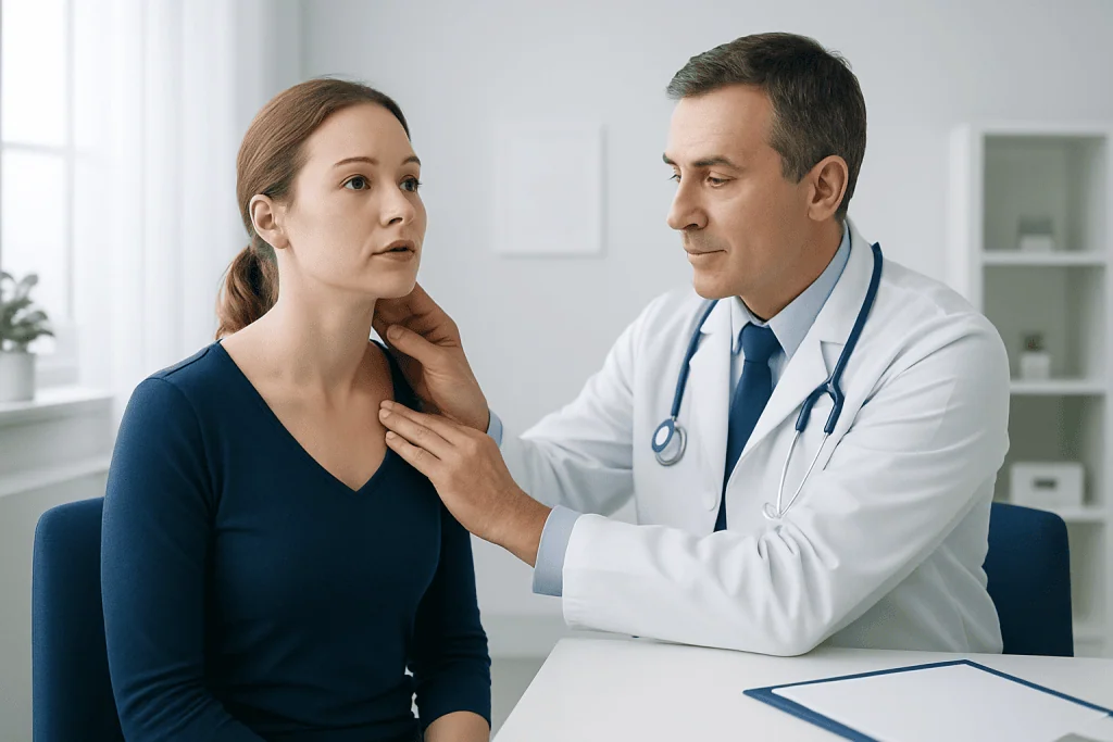 Doctor examining a patient's neck in a medical consultation.