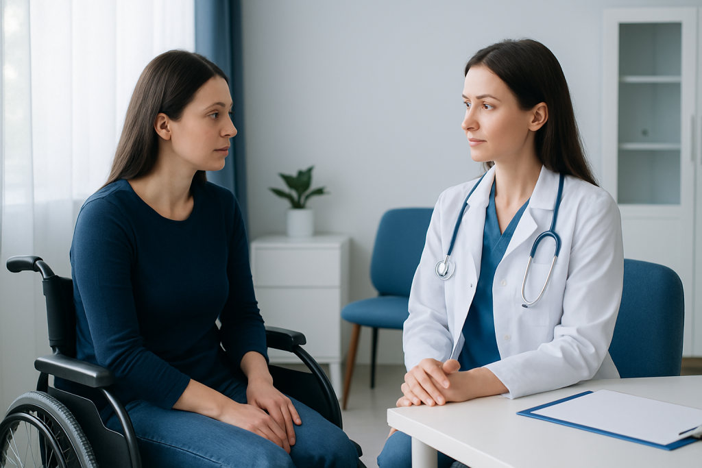 Doctor consulting with a female patient in a wheelchair in a medical office.