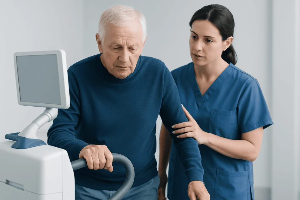 Elderly man receiving medical assistance from a nurse during a neurological exam.