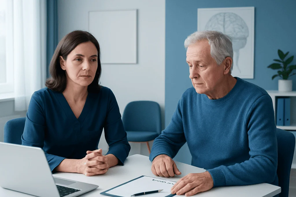 Doctor consulting with an elderly patient about neuromodulation treatment options.