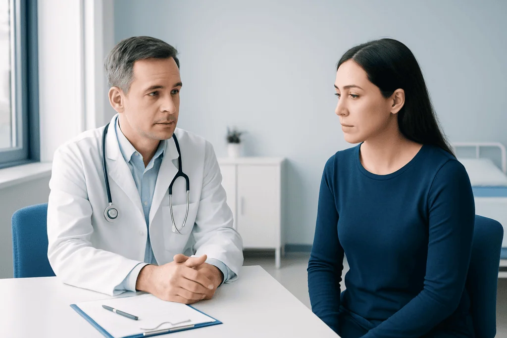 Doctor consulting with a female patient in a modern hospital room.