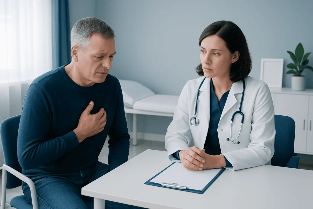 Doctor consulting with a male patient in a medical office.
