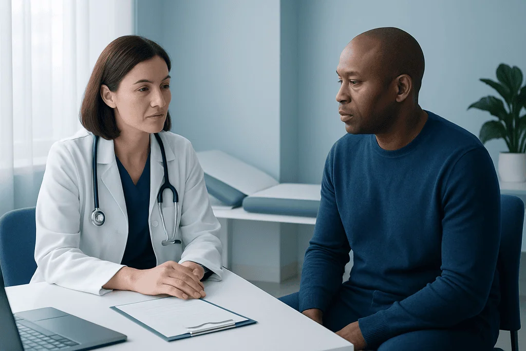 Doctor consulting with a patient in a medical office at Acibadem Hospitals Group.