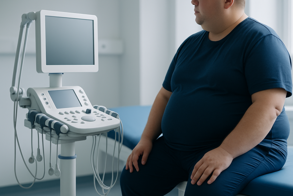Obese man undergoing medical examination with ultrasound device in clinic.