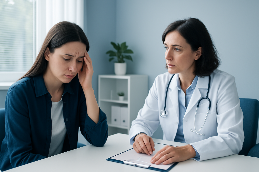 Woman experiencing headache consulting doctor in a medical office.
