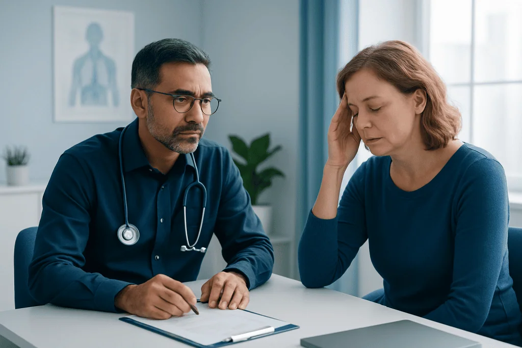 Doctor consulting with a patient about sleep issues in a medical office.
