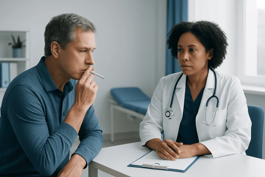 Doctor discussing smoking risks with a patient in a clinical setting.