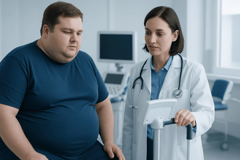 Doctor consulting with overweight patient in medical office.