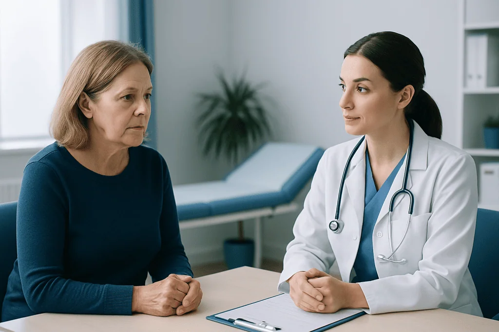 Doctor consulting with an older female patient in a medical office.