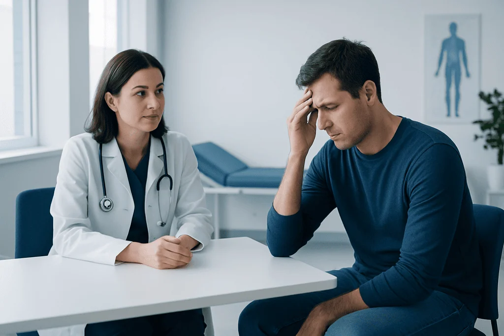 Doctor consulting with a patient experiencing headache or stress.