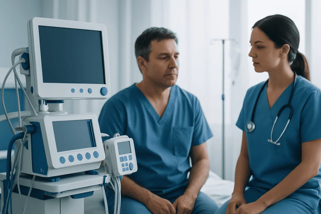 Doctor consulting patient in hospital room with medical monitors.