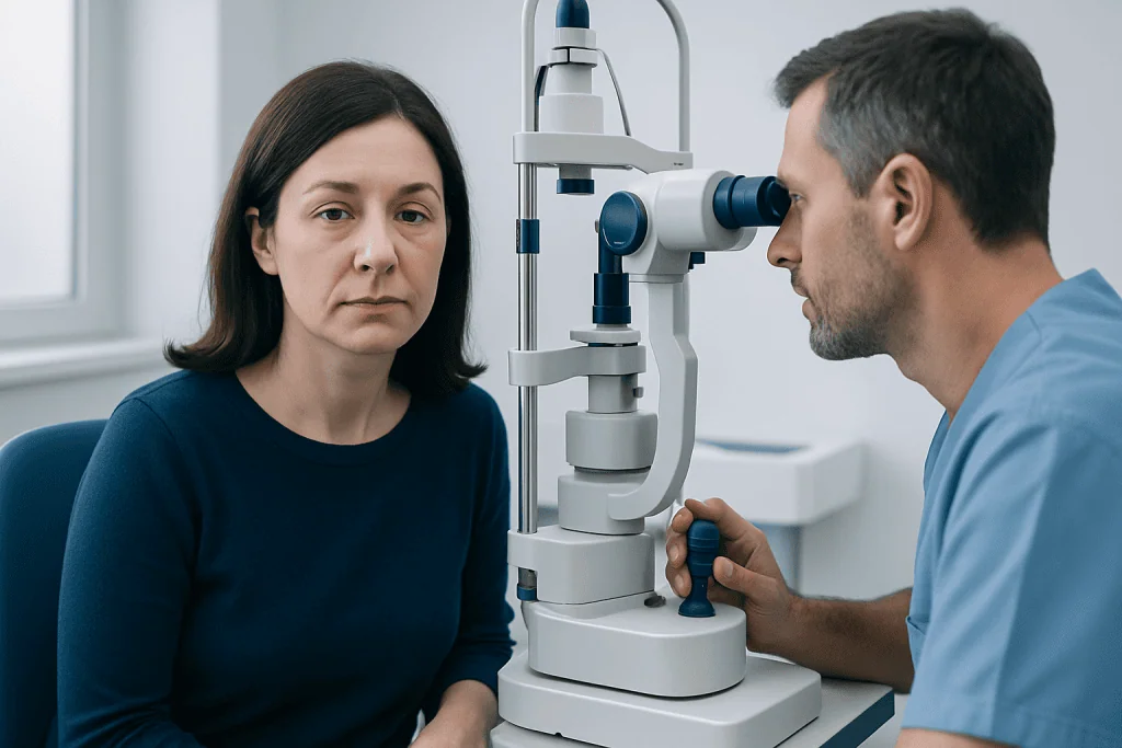 Ophthalmologist examining a woman's eye with a slit lamp.