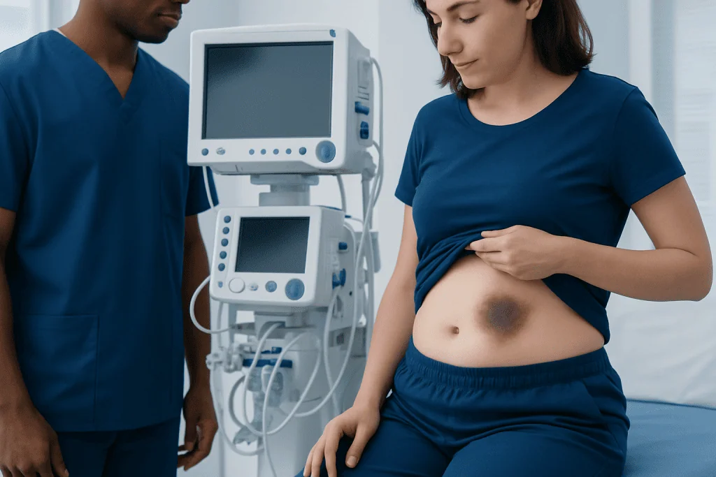 Symptoms and how a stomach-area bruise may look and feel — bruising in stomach area