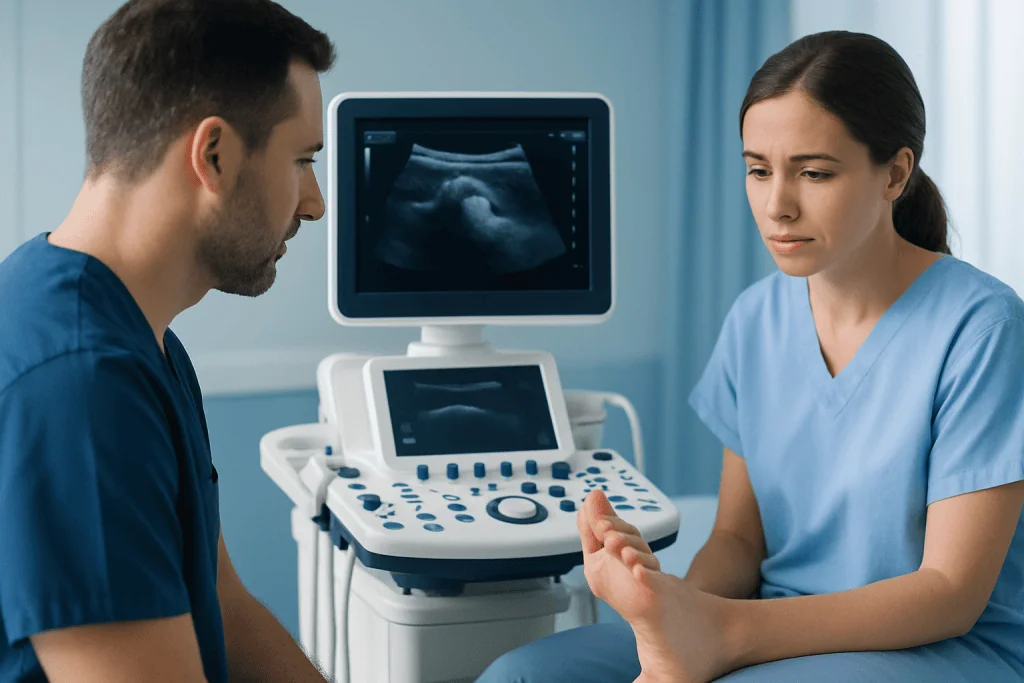 Medical professionals review ultrasound scan of a patient's foot injury.