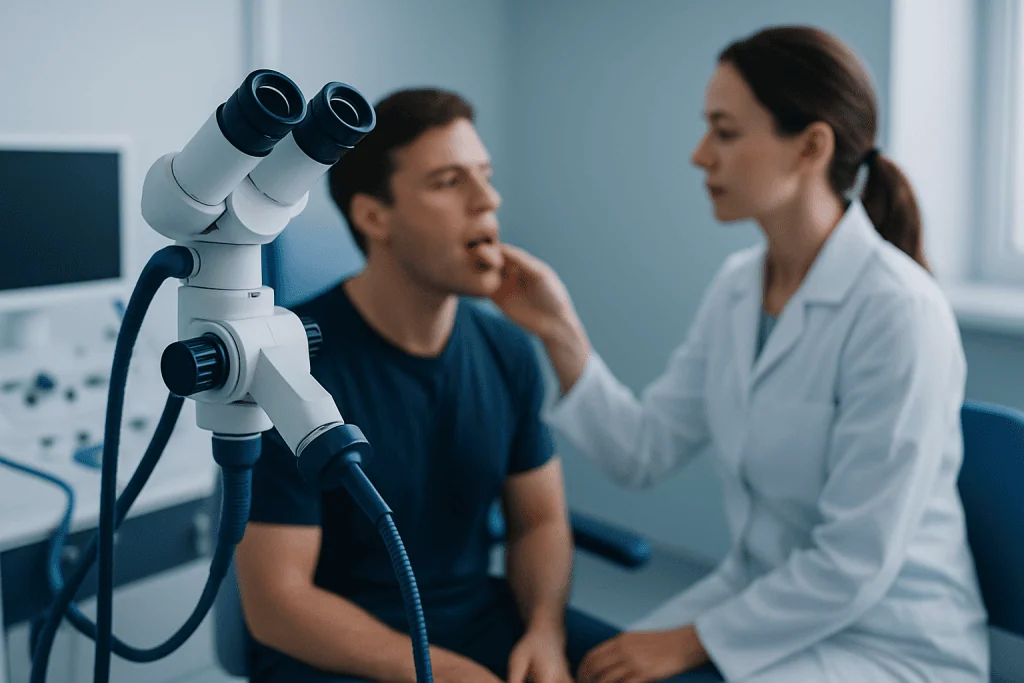 Doctor examining patient's tongue in a clinical setting at Acibadem Hospitals.