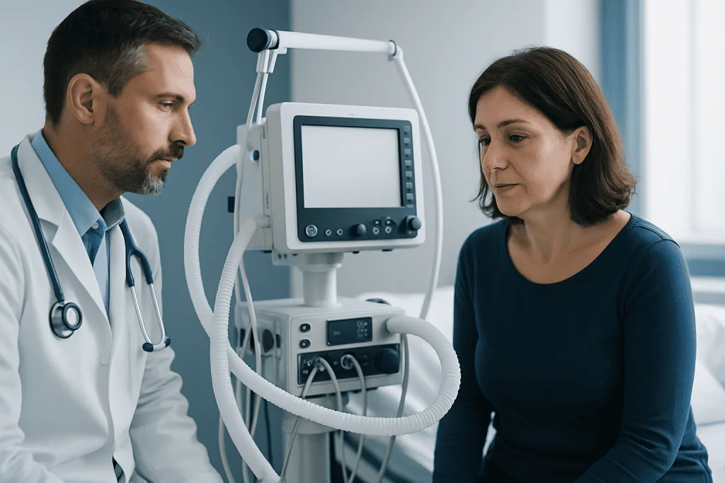 Doctor and patient in a medical consultation with ventilator equipment.
