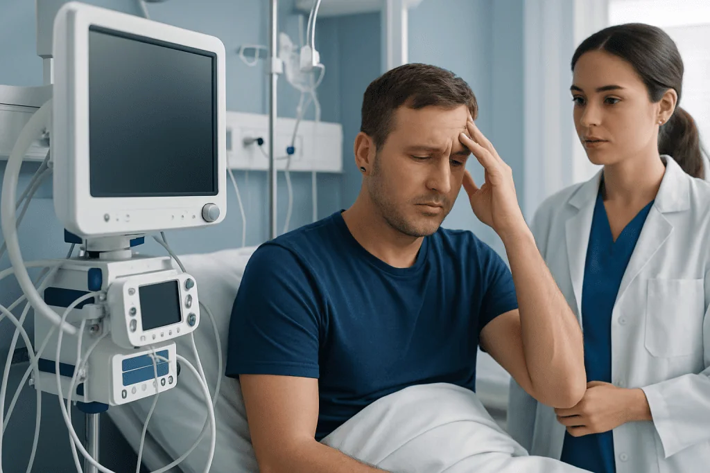 Patient in hospital bed with healthcare professional in a medical setting.