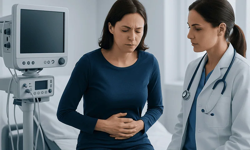 Patient experiencing abdominal pain during medical consultation at Acibadem Hospital.