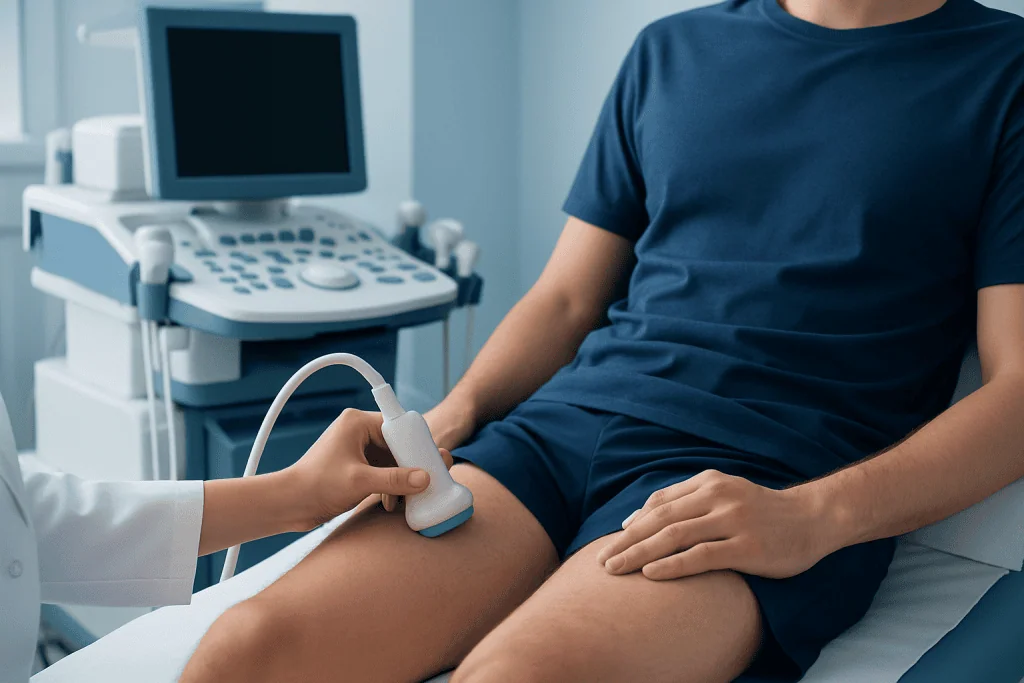 Medical ultrasound examination of a patient's thigh muscle at a hospital.
