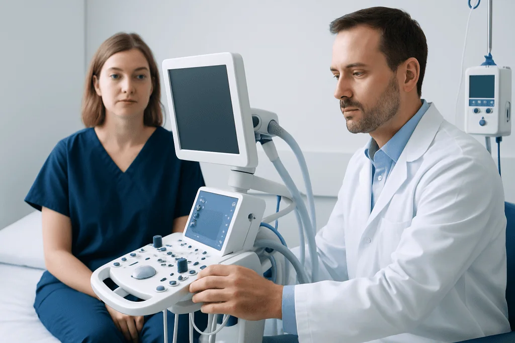 Doctor performing ultrasound examination on a patient in a medical clinic.
