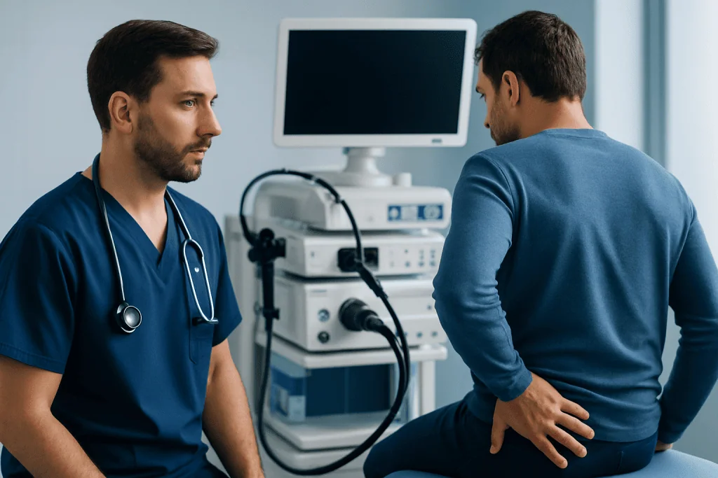 Doctor consulting with patient about anal warts in a medical clinic.