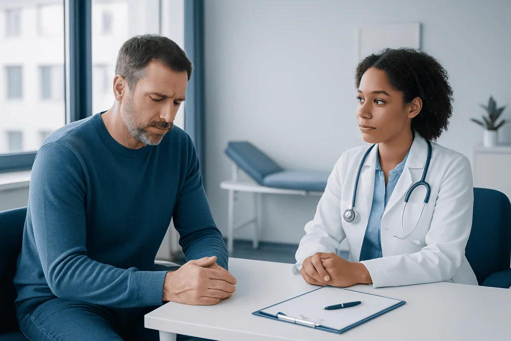 Doctor consulting with patient in a medical office setting.