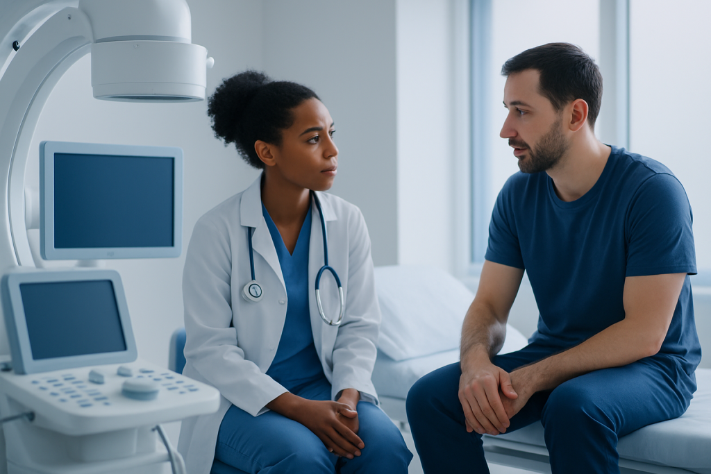 Doctor consulting patient in a modern hospital room.
