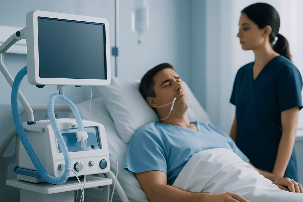 Hospital patient with respiratory support in a medical setting.