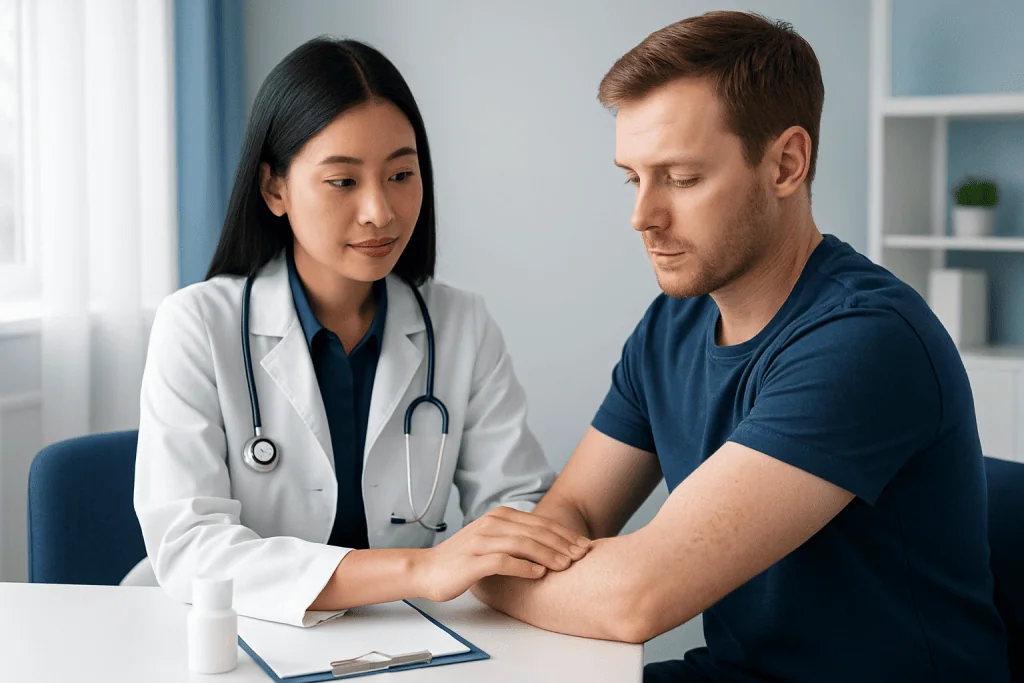 Doctor consulting with male patient in a medical office setting.