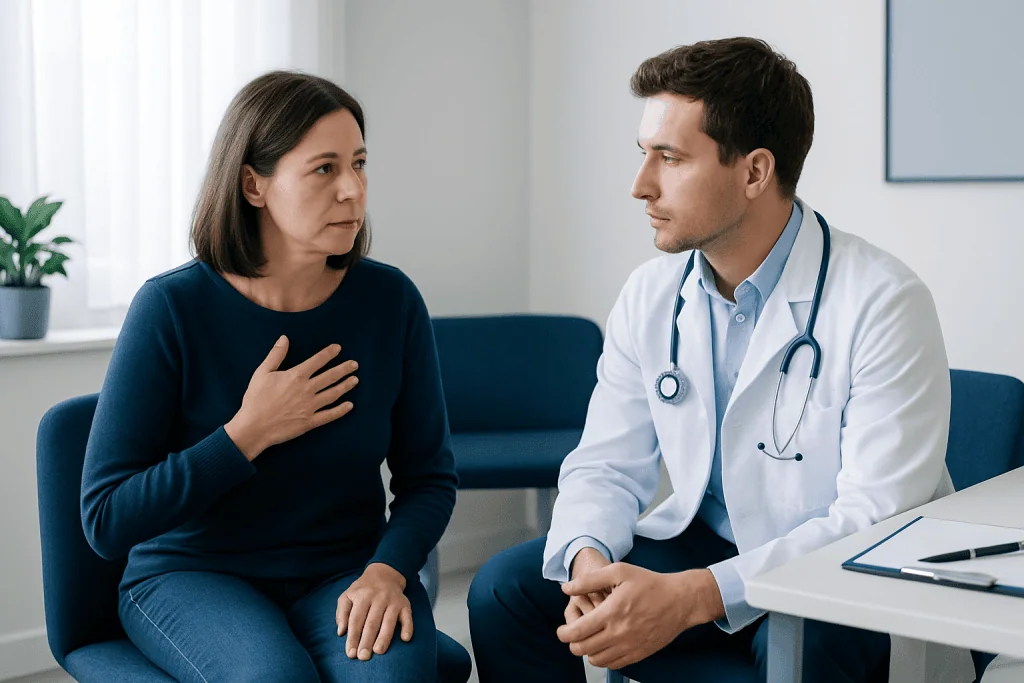 Doctor consulting with female patient in a medical office setting.