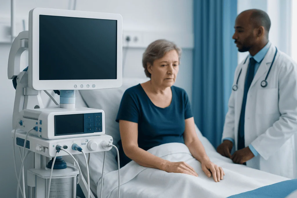 Doctor consulting an elderly woman in hospital room with medical equipment.