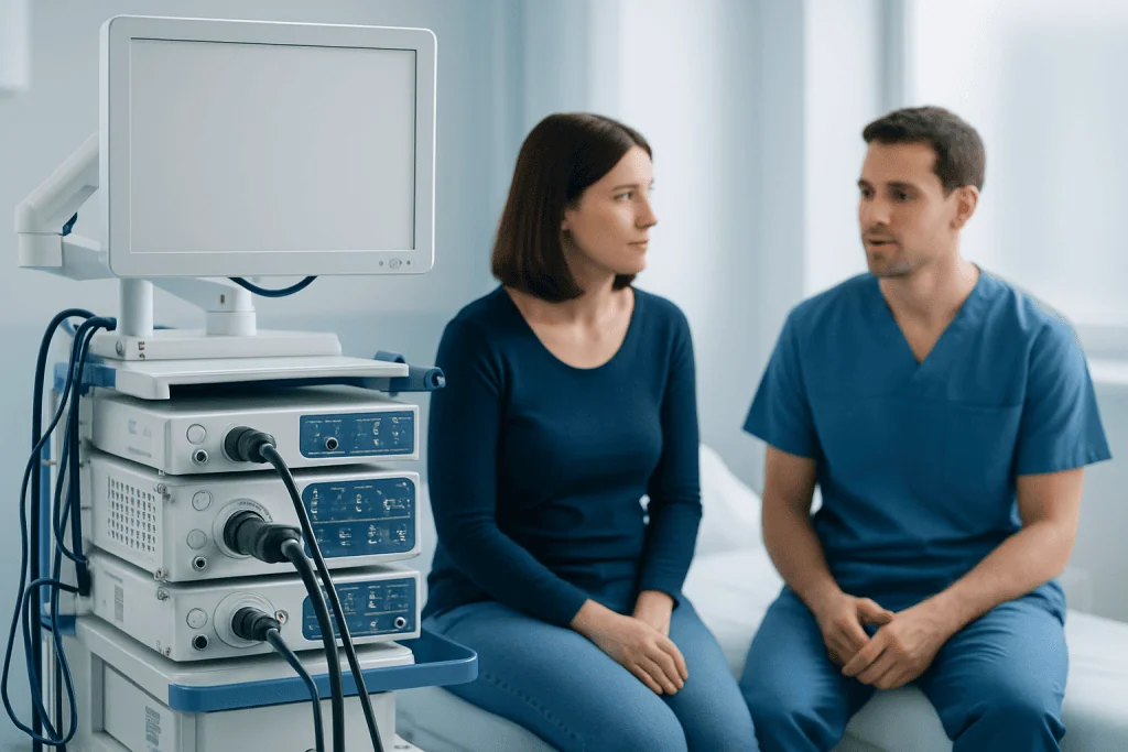 Doctor consulting patient in a hospital room with medical equipment nearby.
