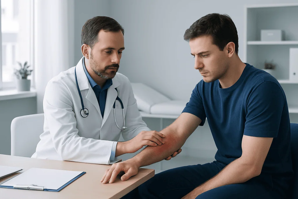 Doctor examining a patient's arm in a medical consultation room.