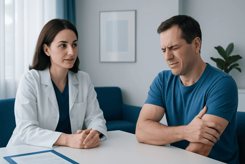 Patient experiencing shoulder pain during consultation at Acibadem Hospital.