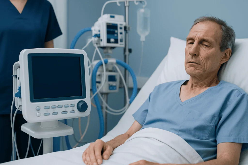 Elderly patient in hospital bed with medical monitors and equipment.