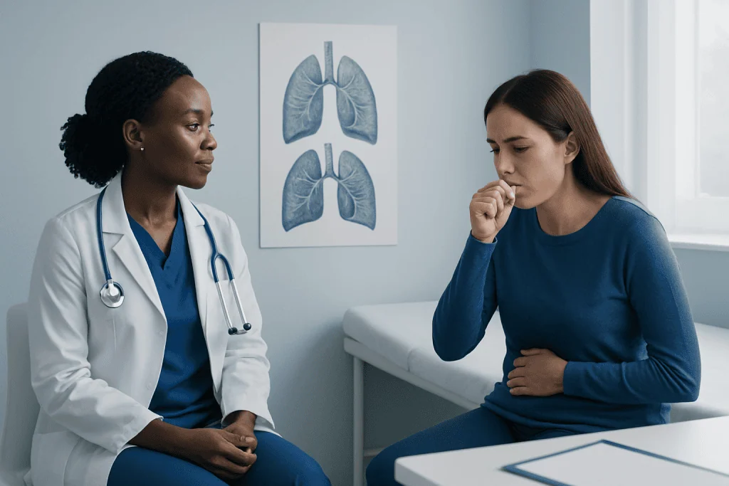 Doctor consulting with patient about respiratory health in clinic.