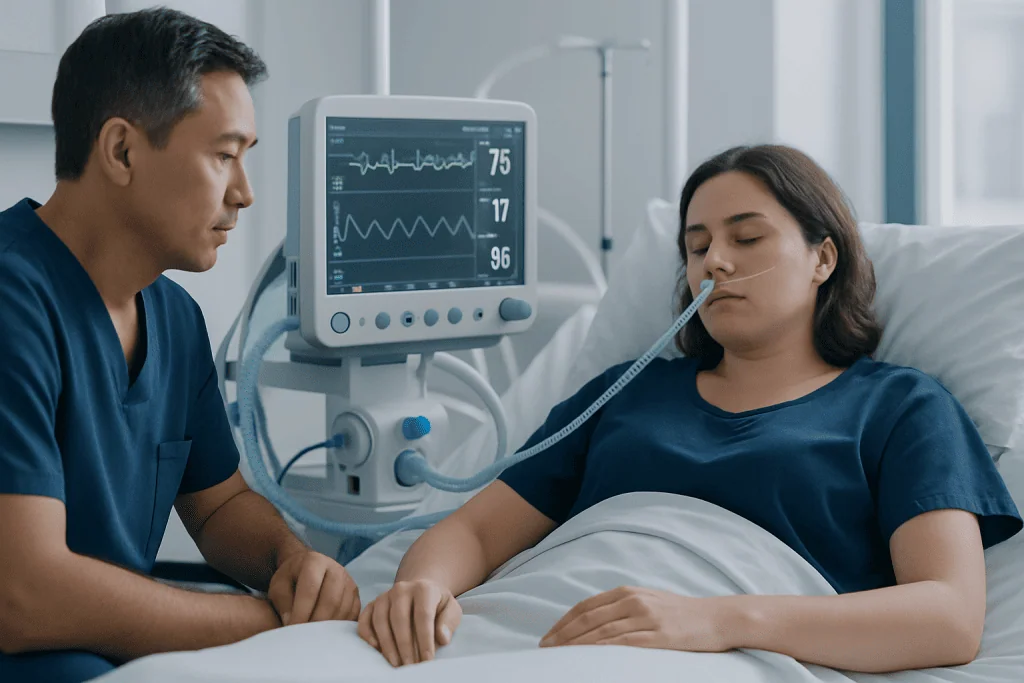 Hospital patient connected to monitoring equipment in a clinical setting.