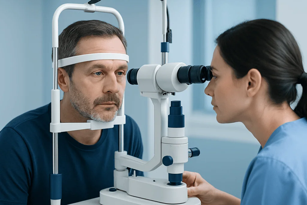 Ophthalmologist examining a patient's eyes with a slit lamp.