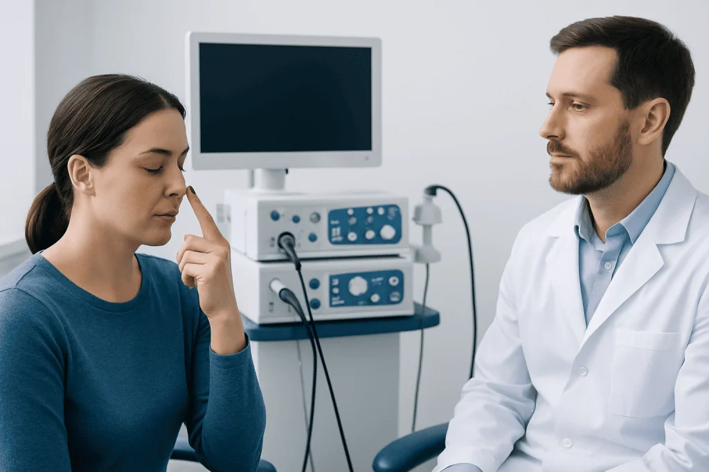 Doctor examines patient's nose in a medical consultation at Acibadem Hospital.