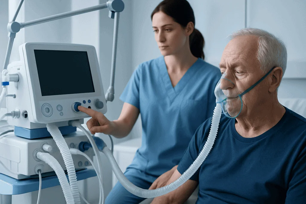 Patient receiving respiratory support in a hospital setting.