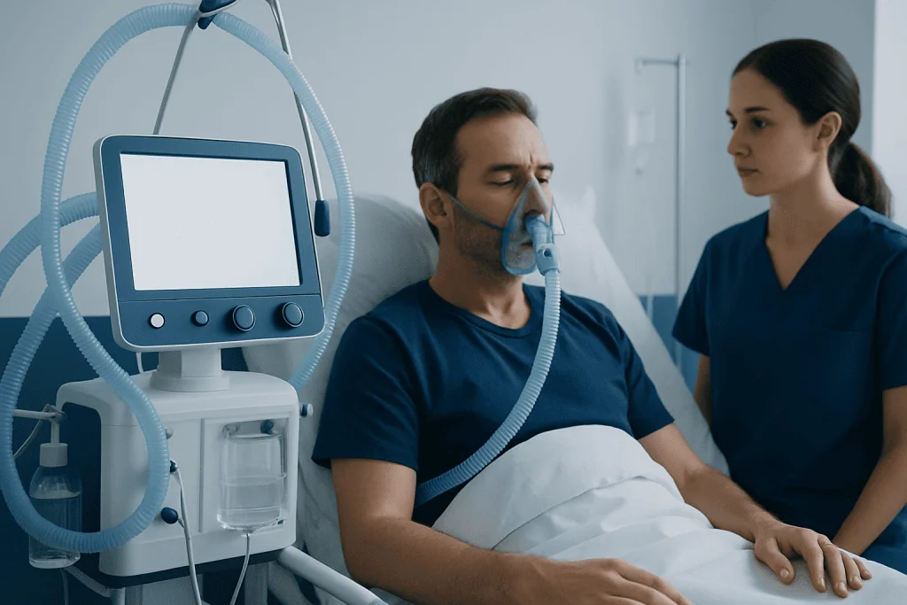 Patient receiving respiratory therapy in hospital bed with ventilator.