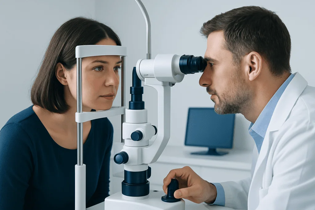Optometrist examines woman's eye with slit lamp in clinic setting.