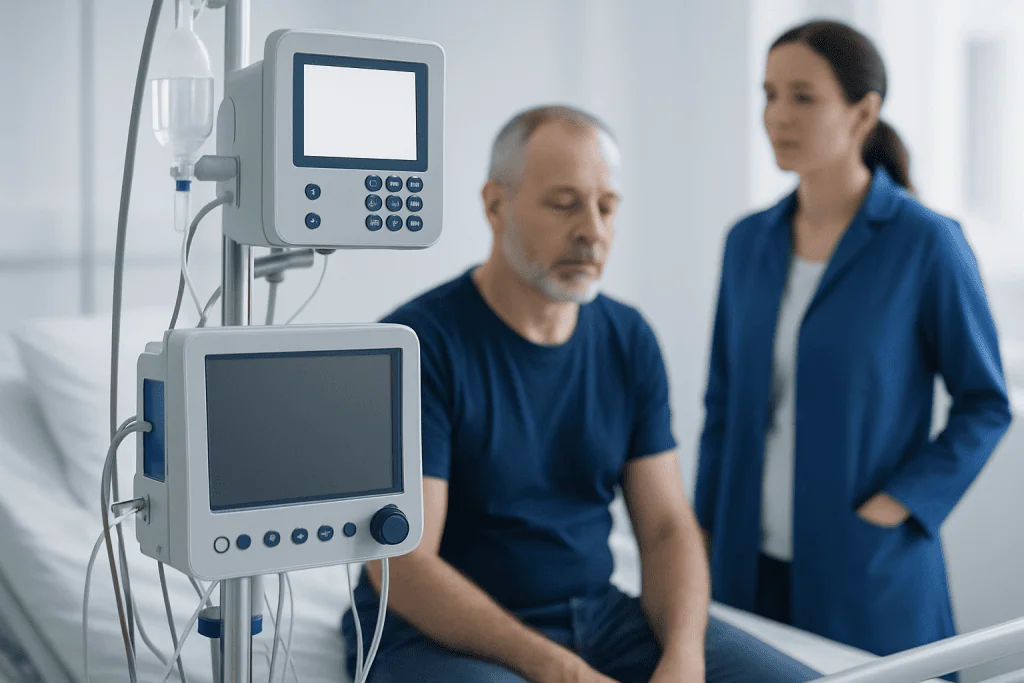 Patient in hospital bed with medical monitors and healthcare professional nearby.