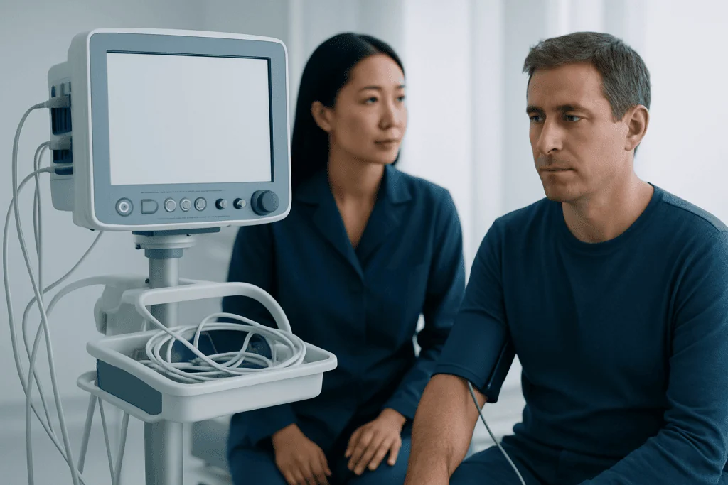 Doctor and patient in a medical consultation with monitoring equipment.