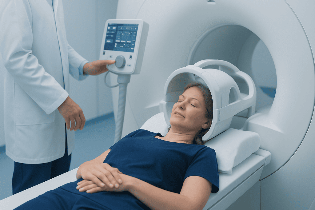 Patient undergoing MRI scan in a hospital setting.